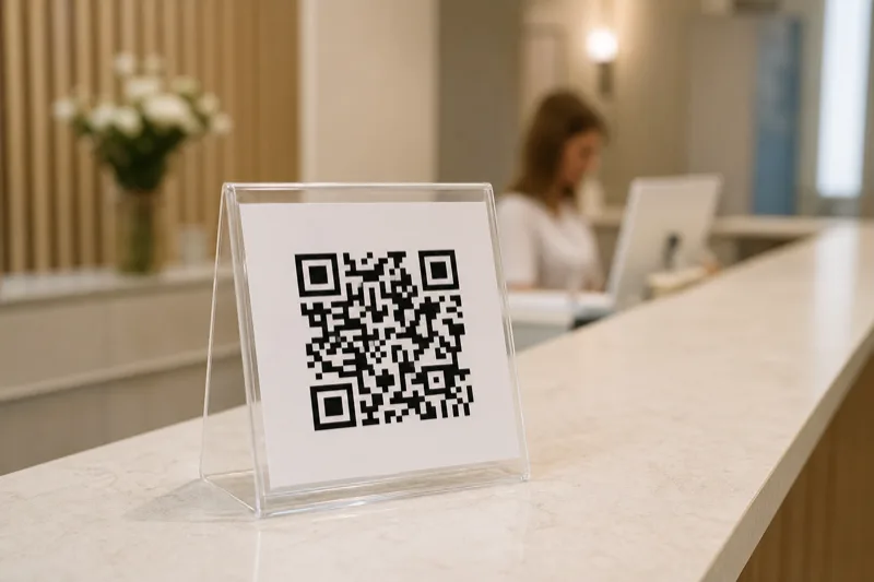 Невеликий акриловий настільний тримач із QR-кодом на стійці рецепції стоматологічної клініки